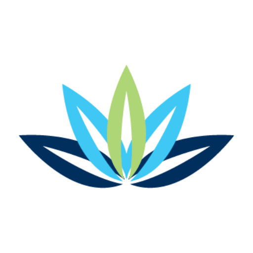 A stylized lotus flower design featuring overlapping blue and green petals, set against a plain white background, representing tranquility and harmony.