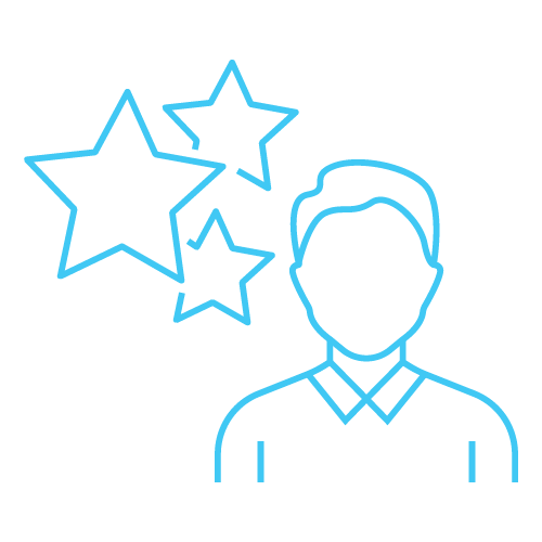 A simplistic icon shows a person with three stars beside them, suggesting success or achievement. The design features light blue outlines on white.