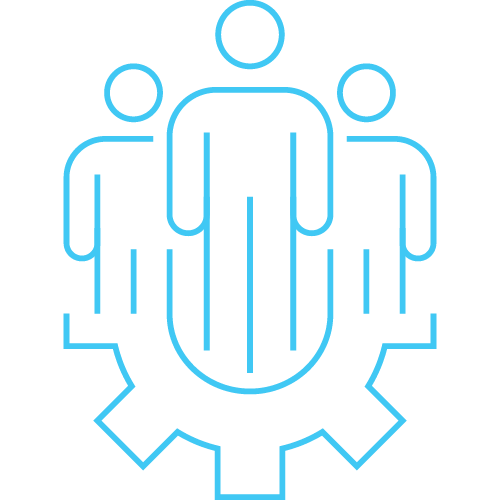 The image shows a blue outline of three people standing on a gear, indicating teamwork or collaboration in a stylized design.