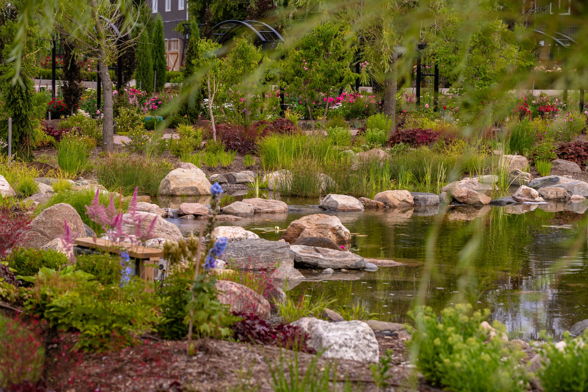A serene garden landscape with a small pond, rocks, colorful flowers, and lush greenery, offering a peaceful natural setting.