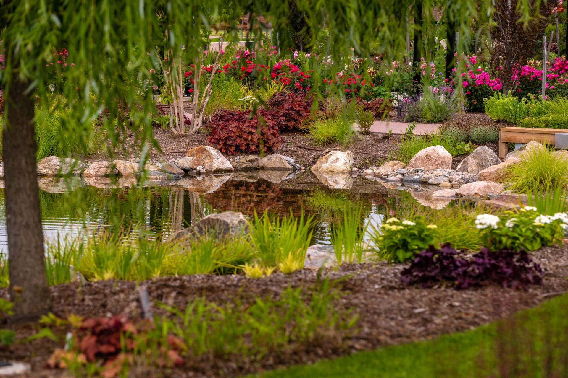A serene garden features a small pond surrounded by rocks, colorful flowers, lush greenery, and a wooden bench, under a tree's shade.