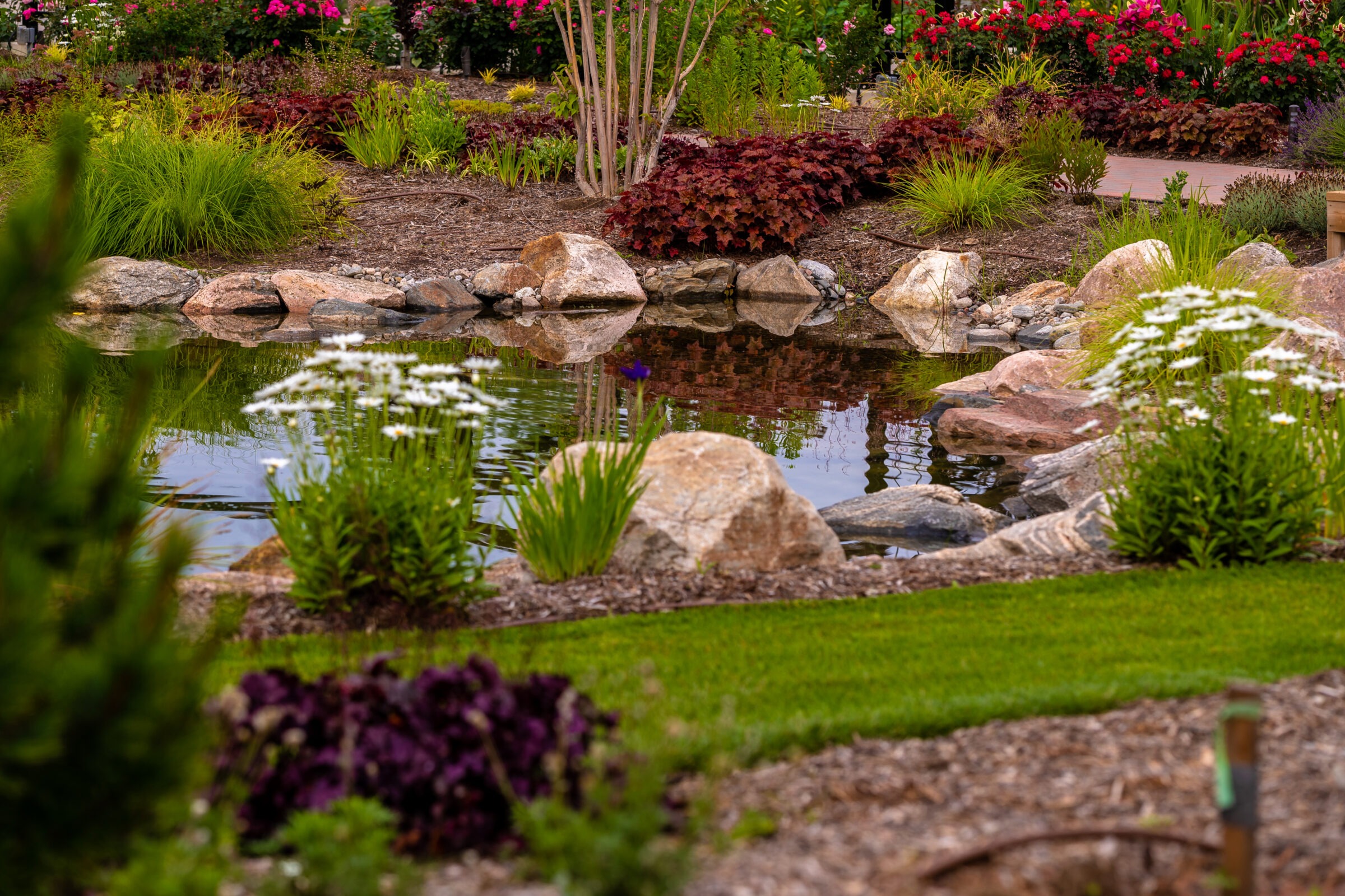 A serene garden with a small pond, surrounded by vibrant flowers, lush greenery, and scattered rocks in a peaceful landscape setting.