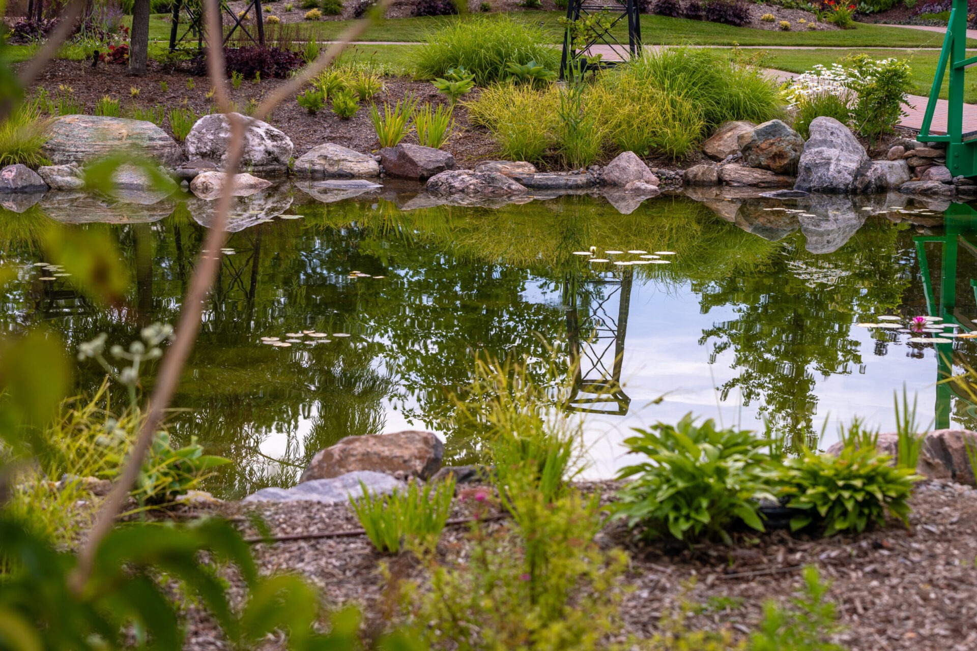 Tranquil garden pond surrounded by rocks and lush greenery, reflecting a metal structure and clear sky, featuring blooming flowers and water lilies.