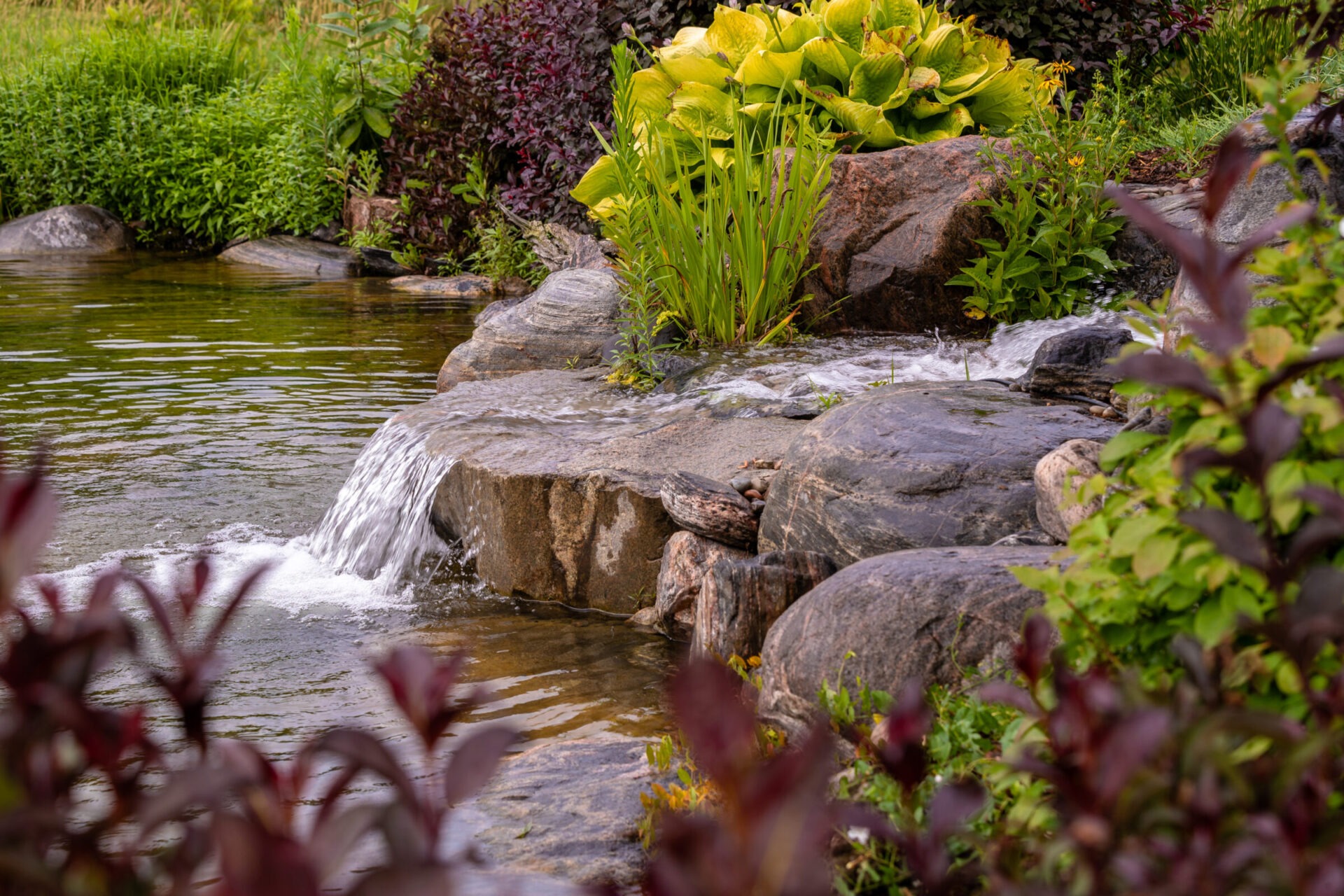 A small waterfall flows over rocks into a pond, surrounded by lush green plants and vibrant foliage in a serene garden setting.