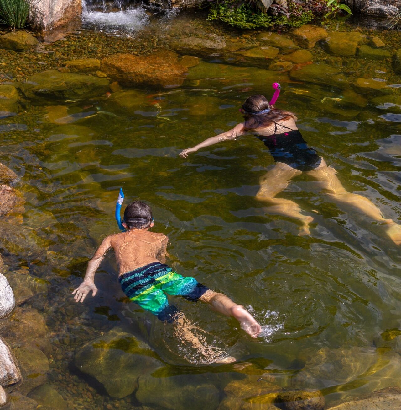 Two children in a beautiful pond selected after the family decided on natural swimming pool vs traditional pool.