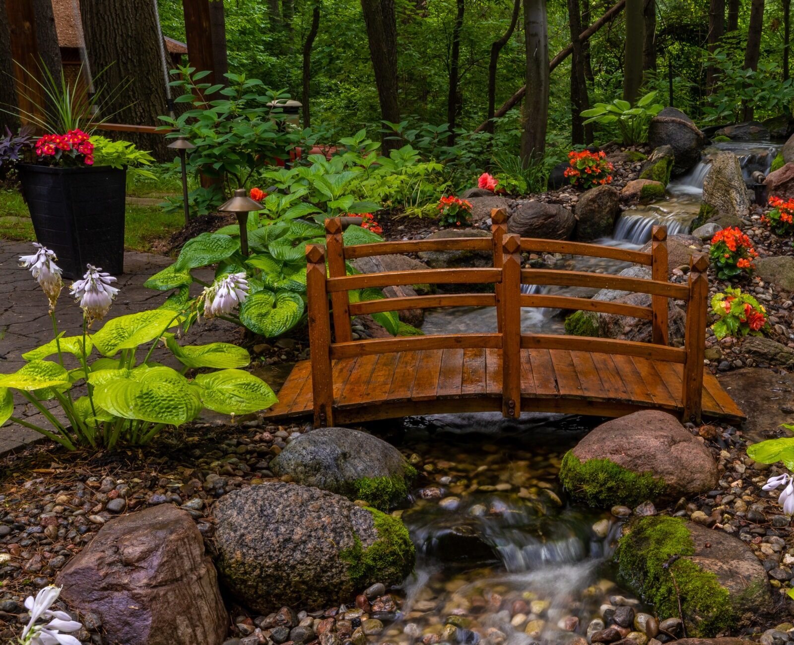 A serene garden features a small wooden bridge over a rocky stream, surrounded by lush greenery and vibrant flowers, creating a tranquil atmosphere.