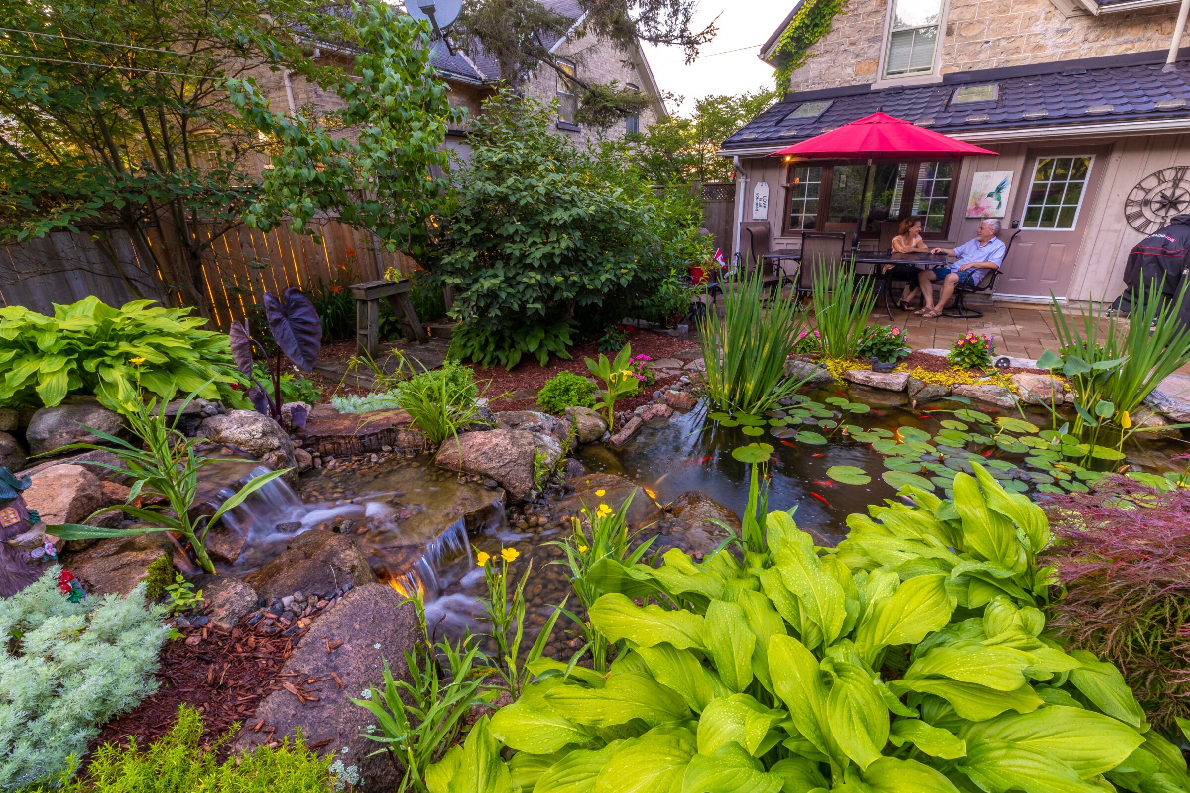 A lush garden with pond and waterfall; two people relax under a red umbrella, enjoying the serene backyard setting by the house.