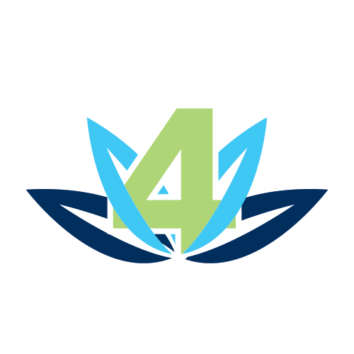 Blue and green logo featuring the number four, surrounded by abstract flame or petal shapes.