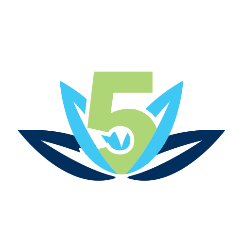 A stylized design featuring a green number five encircled by blue and navy abstract leaf shapes on a white background.