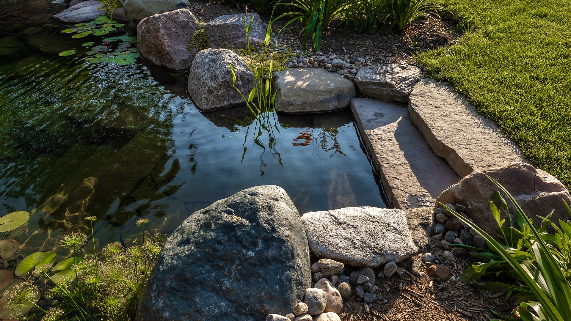 A small, tranquil pond bordered by rocks and plants, reflecting greenery and creating a peaceful garden scene with clear water.